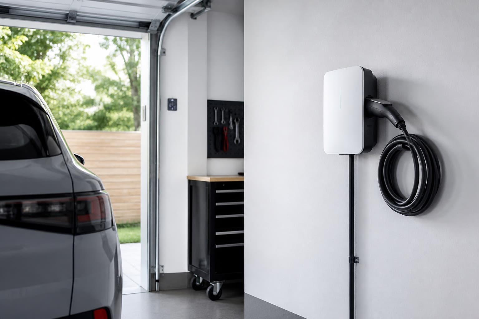 Wall-mounted Level 2 EV charger installed in a residential garage